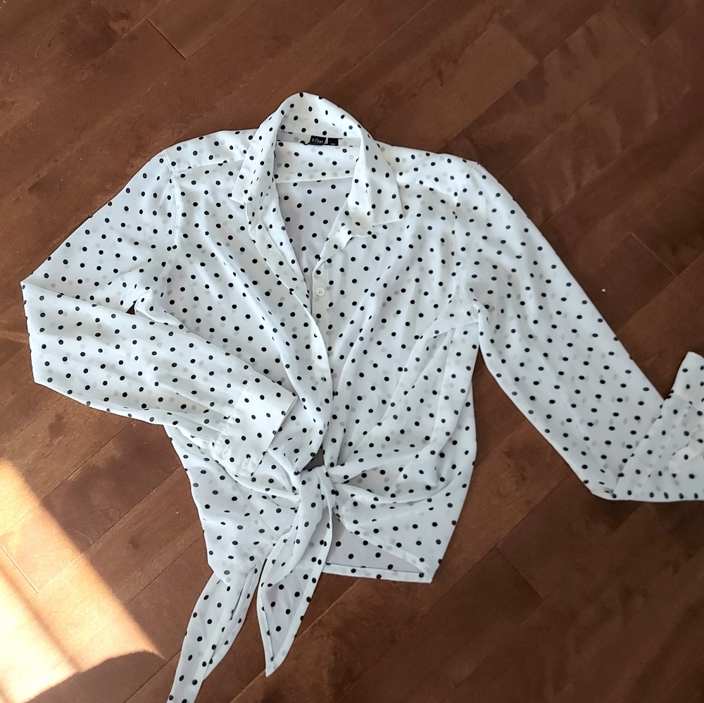White Blouse with Black Dots And Waist Tie